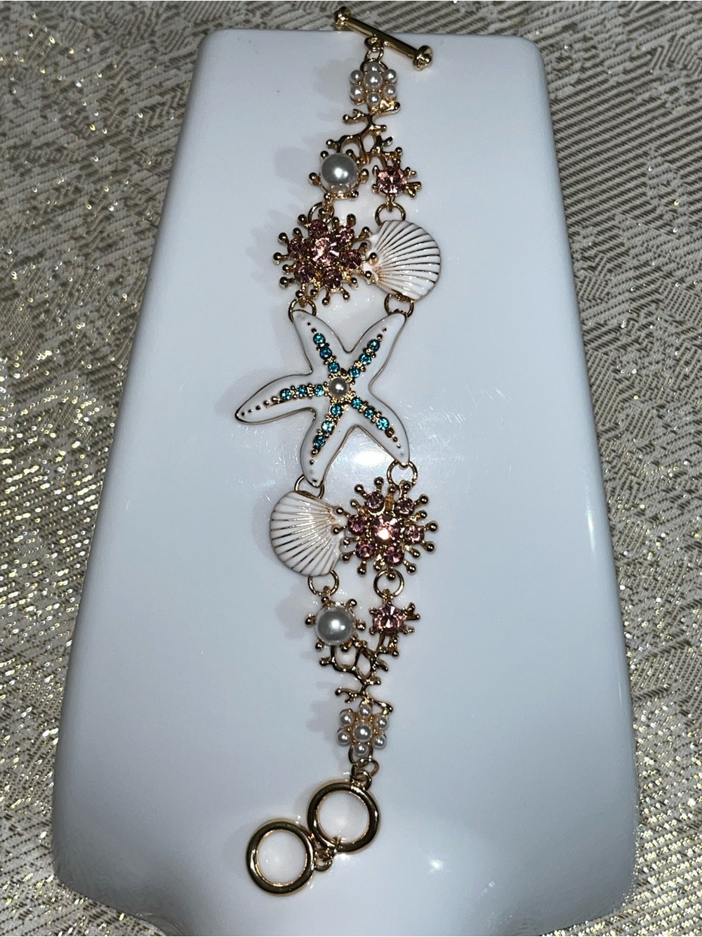 Whimsical Gold Sea Life Starfish Bracelet w/ Pearls, Shells, & Rhinestones NEW